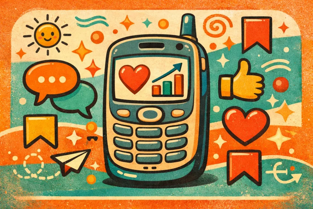 ilustração vintage colorida com ícones de engajamento no Instagram ao redor de um smartphone retrôCompartilharConteúdo do projetoViviCriado por vocêAdicione PDFs, documentos ou outros textos para usar como referência neste projeto.