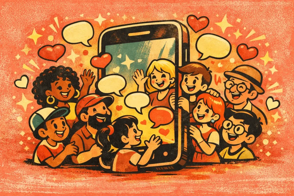 ilustração vintage colorida de pessoas formando uma comunidade engajada ao redor de um perfil no InstagramCompartilharConteúdo do projetoViviCriado por vocêAdicione PDFs, documentos ou outros textos para usar como referência neste projeto.