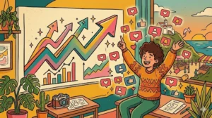 Ilustração vintage colorida mostrando criadora analisando metas de crescimento no Instagram com gráficos em alta.