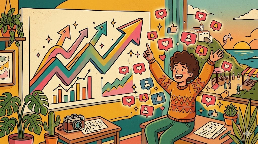 Ilustração vintage colorida mostrando criadora analisando metas de crescimento no Instagram com gráficos em alta.