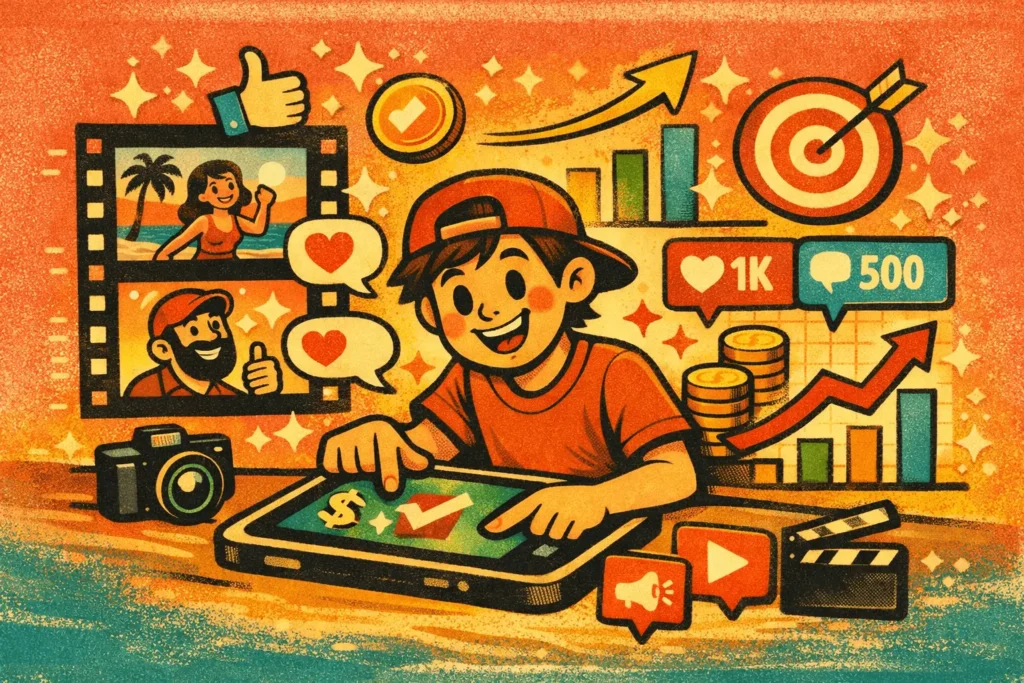 Ilustração vintage colorida sobre como usar anúncios em Reels do Instagram para crescer de forma estratégica e genuína