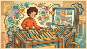 Ilustração vintage sobre como customizar o algoritmo do Instagram com "Your Algorithm" para controlar o feed.
