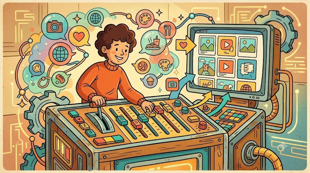 Ilustração vintage sobre como customizar o algoritmo do Instagram com "Your Algorithm" para controlar o feed.