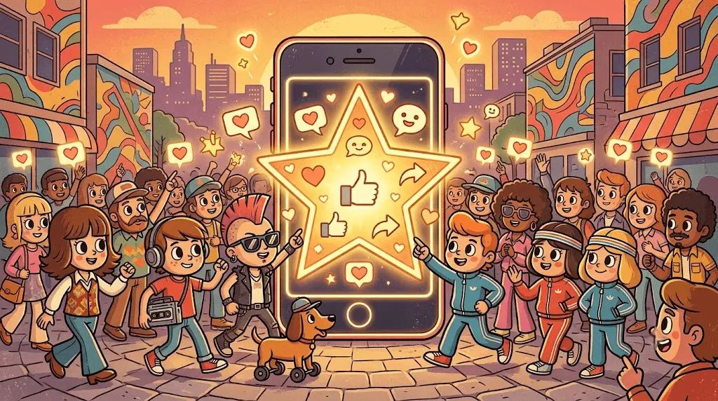 ilustração vintage colorida sobre o efeito manada nas redes sociais e prova social