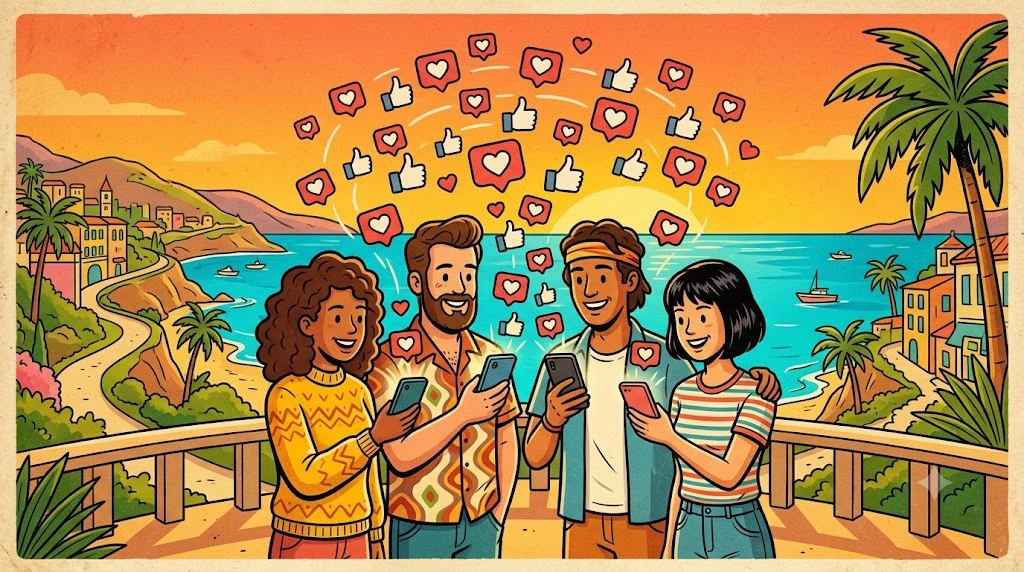 Ilustração vintage colorida sobre como conquistar seguidores reais no Instagram