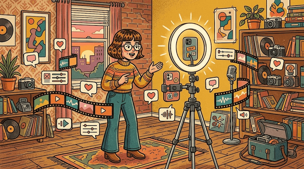 ilustração vintage colorida sobre como criar instagram reels passo a passo